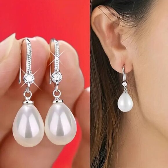 14K White Gold Dangle Pearl & Diamond 💎 Earrings - Picture 1 of 5